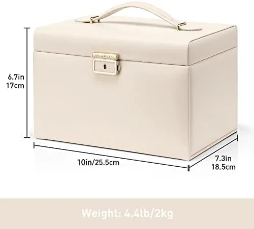 Vista 5 de Vlando Joyero de terciopelo para mujer, caja organizadora grande de cuero con cerradura, espejo, 3 cajones para collar, anillo y aretes, regalo