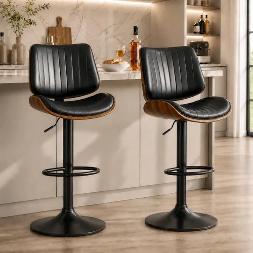 Vista 2 de Juego de 1 taburetes de bar giratorios de madera curvada ajustables para encimera de cocina, moderna silla de bar tapizada de piel sintética