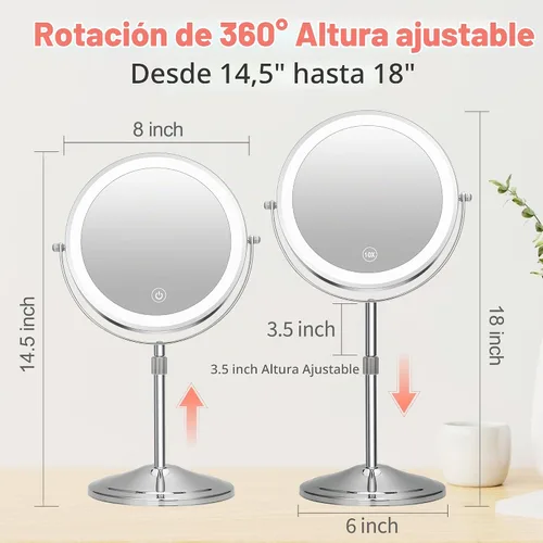 Vista 2 de Espejo de maquillaje iluminado con aumento, 10 x 8 pulgadas, espejo de tocador recargable de doble cara con luces, espejo de maquillaje de aumento