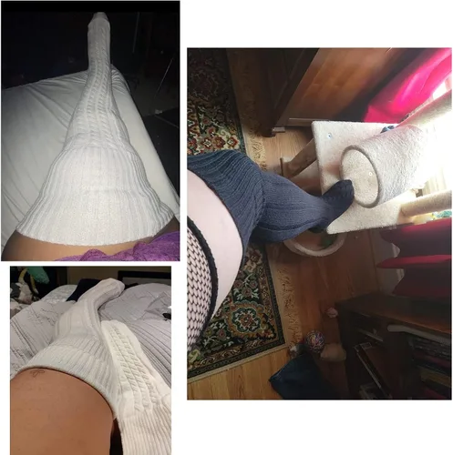 Vista 6 de Calcetines altos de lana de talla grande para muslos gruesos, extra largos para mujer, de punto trenzado cálido sobre la rodilla, calentadores