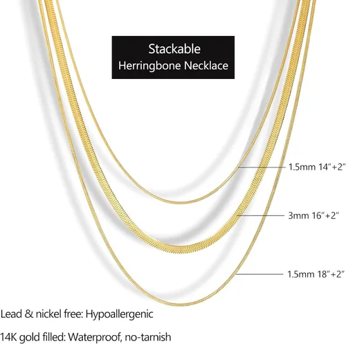 Vista 6 de DEARMAY 14K Gold Necklaces for Women, Dainty Layered Gold Herringbone Choker Necklace for Women Thin Chunky Snake Chain Necklaces Jewelry for Teen