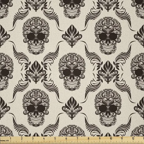 Vista 44 de Ambesonne The Yard, tela de calavera colorida con temática de Halloween, diseño de calavera y huesos cruzados, divertido estampado de dibujos
