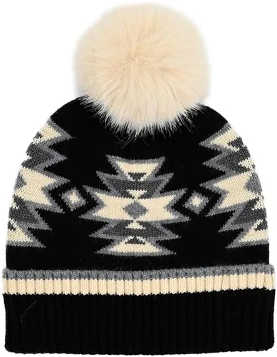 Vista 3 de C.C Southwest - Gorro de punto con pompón para mujer, unisex, elástico, suave, cálido, con piel sintética, gorro de invierno Azteca-negro