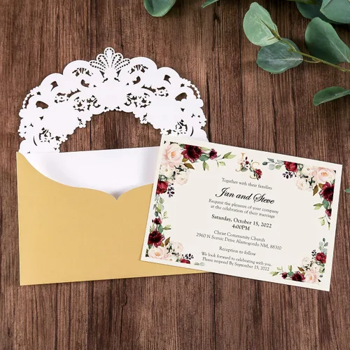 Vista 2 de DORIS HOME 50 tarjetas de invitación de encaje floral dorado blanco cortado con láser con sobres para invitaciones de boda, despedida de soltera