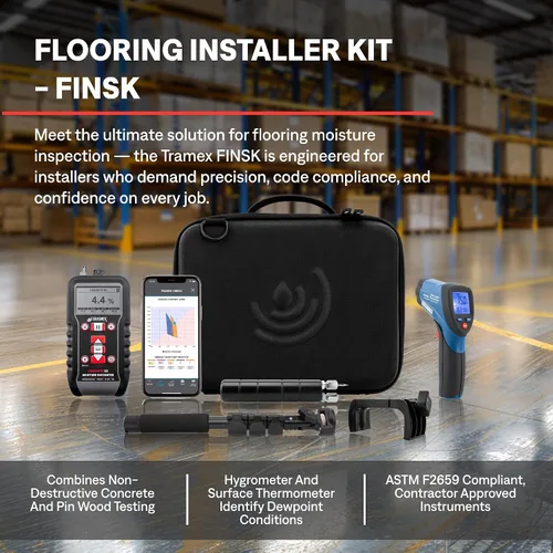 Vista 2 de Tramex Kit de instalación de pisos FINSK Medidor digital CMEX5, termómetro de superficie infrarroja y sonda de pasador de alta resistencia