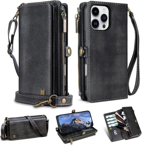 Vista 34 de Funda tipo cartera para iPhone 16 Pro Max con 8 tarjeteros, bloqueo RFID, piel sintética, función atril, abatible, correa de muñeca y correa
