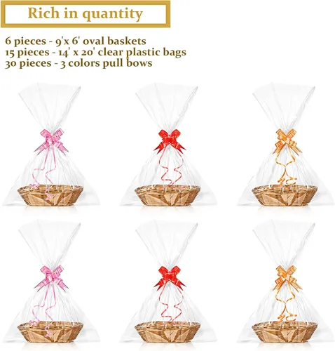 Vista 5 de 6 cestas para regalos, cestas ovales de almacenamiento de alimentos tejidas vacías pequeñas de 9 x 6 x 2.25 pulgadas con lazos coloridos y bolsas