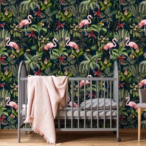 Vista 4 de VEELIKE Papel tapiz autoadhesivo de animales de selva oscura para despegar y pegar, papel tapiz de pájaros exóticos tropicales de 17.7 x 118