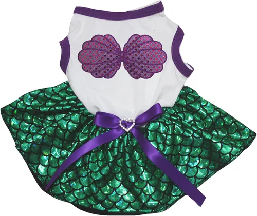 Vista 2 de Petitebella Camisa blanca de concha morada Vestido de perro tutú de sirena verde (XS)