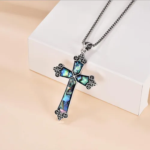 Vista 3 de CaravacaAbalone shellLord's Prayer HandsCeltic Knot Cross Pendant Necklace Religious Christian Jewelry Gifts Gothic Catholic Christian Costume Cross