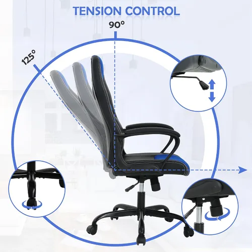 Vista 6 de Silla ergonómica para juegos de PC, silla de computadora con respaldo alto, soporte lumbar, ajustable, giratoria, de piel sintética, silla de Azul