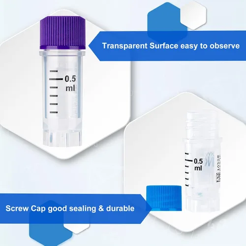Vista 3 de Cryoviales de 0.0 fl oz, 25Pcs Cryotubes con código de barras lateral, frascos de esterilización con rosca externa, tubos de muestra con tapas Azul
