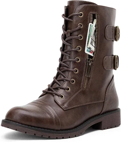 Vista 18 de Vepose Botas de combate para mujer, tacón bajo, botas militares a media pantorrilla con bolsillo para tarjetero, cuchillo y cartera