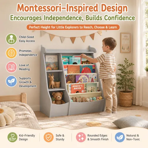 Vista 3 de FKWin - Estantería para niños, organizador de almacenamiento de juguetes, 5 niveles, color gris Montessori
