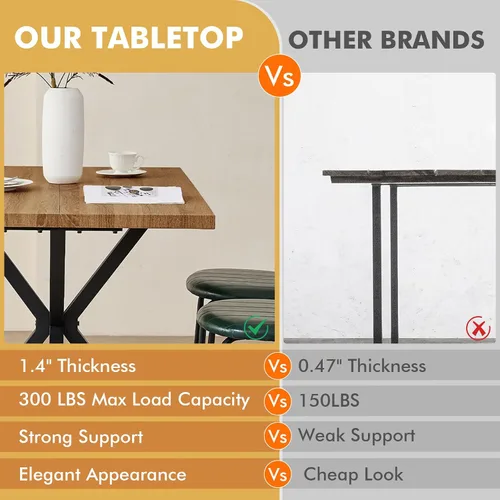 Vista 7 de Dining Table Set for 4, Modern 55" Brown Wood Grain Kitchen Table with 4 Stackable Dining Chairs, Faux Leather, for Dining Living Room Apartment