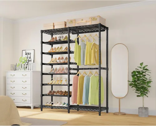 Vista 3 de VIPEK S2 Perchero resistente para ropa con estantes para zapatos, perchero independiente con estante para zapatos de 6 niveles, doble barra