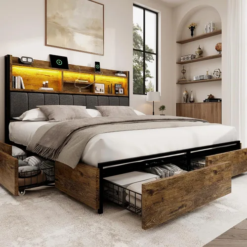 Vista 13 de BRELTAM Base de cama Queen con 6 cajones de almacenamiento, cabecera tapizada de lino, estación de carga USB integrada e iluminación LED, soporte