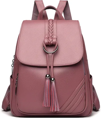 Vista 9 de FANDARE Mochila vintage para mujer con borla, mochila de cuero PU para mujer, Negro, Grande