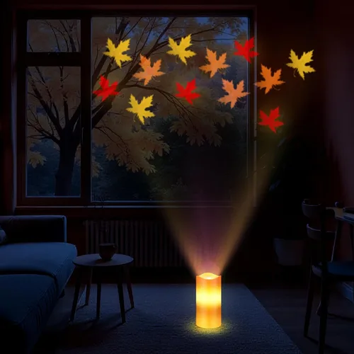 Vista 7 de Baquler Velas sin Llama con Proyector de Hojas de Arce Otoñales, Luces LED de Acción de Gracias, Luz Nocturna de Otoño con Control Remoto