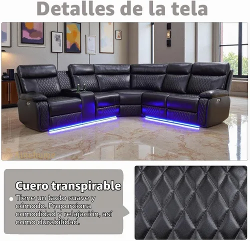 Vista 6 de A Ainehome Sofá modular reclinable eléctrico con LED, juego de sofá modular eléctrico de cuero negro, juego de muebles de sala con carga USB