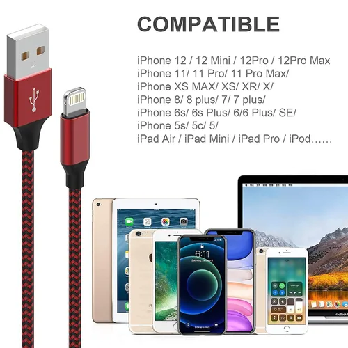 Vista 6 de Paquete de 6 cables Lightning de cargador para iPhone de 3/3/6/6/10 pies con certificación MFi de Apple Cable de carga rápida trenzado de nailon