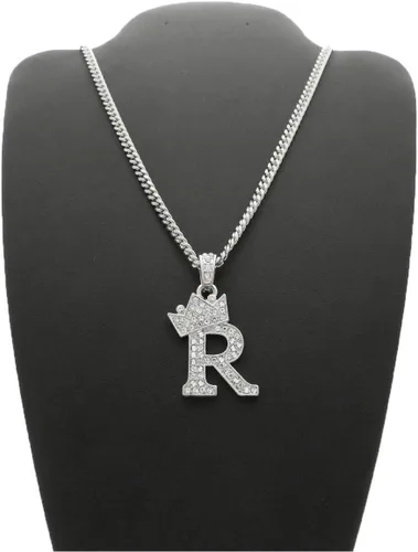 Vista 4 de Colgante empedrado de letra inicial con corona, pequeño de 0.12 pulgadas y unisex, collar de cadena cubana de 24 pulgadas en oro, tono plata.
