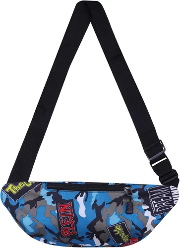Vista 6 de AIBEARTY Riñonera para niños pequeños, de camuflaje, con correa ajustable, para deportes, correr, campamento, viajes, B-AZUL