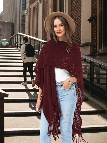 Vista 20 de Soul Young - Chal de punto para mujer, poncho con flecos y capa