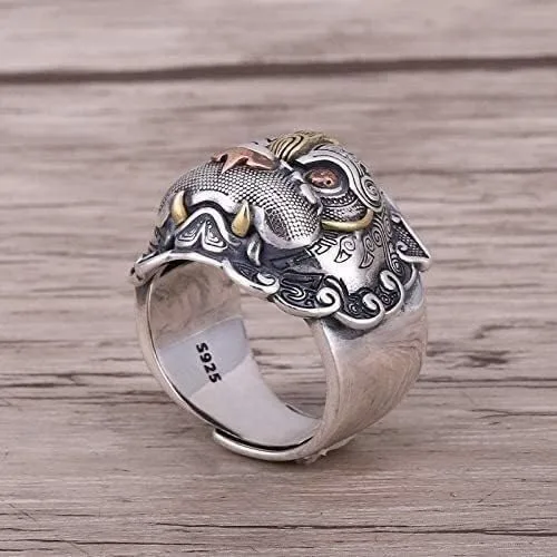 Vista 3 de KOINEN Three Tone 925 Sterling Silver Chinese Mythical Animal PIXIU Ring for Men Women Open and Adjustable