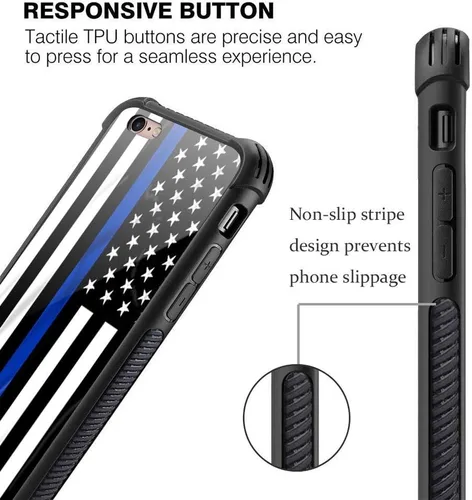 Vista 5 de Funda para iPhone 6s, diseño de bandera estadounidense de línea azul para iPhone 6, parte trasera de vidrio templado+funda protectora de TPU