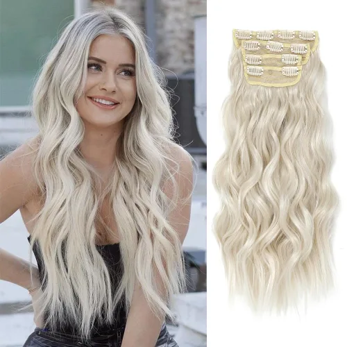 Vista 12 de Extensiones de cabello ondulado largo con clip, 4 piezas de extensiones de cabello sintético grueso con clip, para mujer (#4)
