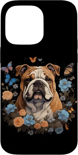 Vista 21 de Funda para iPhone 16 Bulldog Inglés con Flores y Mariposas