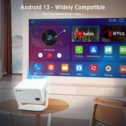 Vista 2 de [Enfoque automático AI] Proyector portátil nativo 1080P Soporte 4K Parse WIFI6 5G inalámbrico 5.0 Bluetooth Android 13,300ANSI, 360° giratorio