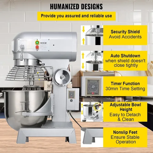 Vista 6 de Happybuy 10Qt Mezclador Comercial de Alimentos con Función de Temporización, Mezclador Comercial de 500W, Bol de Acero Inoxidable, Resistencia