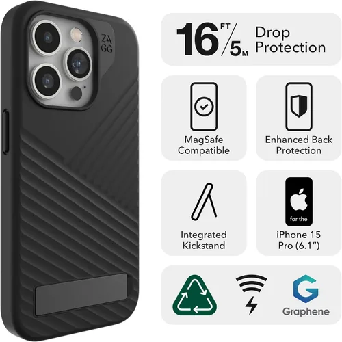 Vista 2 de ZAGG Denali Snap - Funda para iPhone 15 Pro con soporte, protección contra caídas (16 pies), funda texturizada de doble capa para teléfono celular