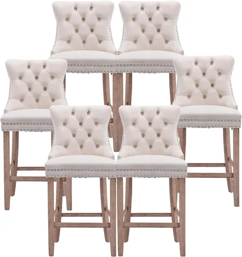 Vista 11 de Taburetes de bar tapizados de terciopelo modernos de 27 pulgadas con patas de madera, botón con cabeza de clavo cromada, taburetes de bar con Beige