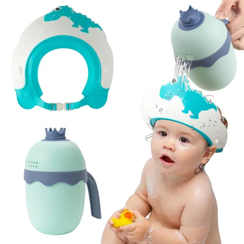 Vista 15 de FUNUPUP - Gorro de ducha para bebé, para niños, champú de baño para bebé, visera de lavado de cabello, ajustable, dinosaurio azul
