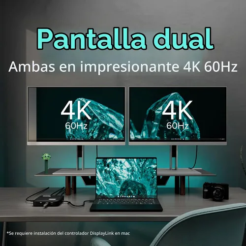 Vista 3 de Base DisplayLink USB-C 7 en 1 enchufable, Dual 4K 60Hz HDMI, carga PD