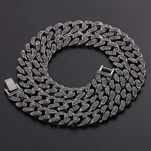 Vista 5 de rongji jewelry Mens Womens Cuban Link Necklace - Heavy Strong Black Cuban Link Chain Iced Out Miami Curb Chain with Bling Bling Clear Rhinestones