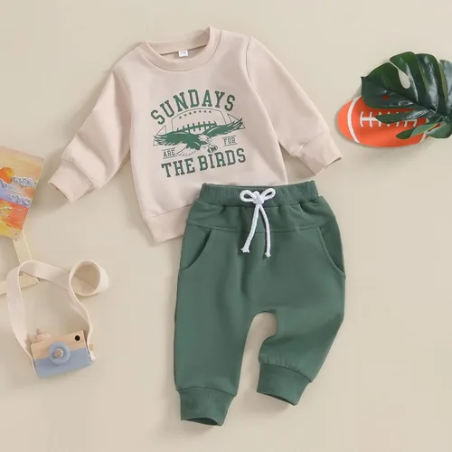 Vista 3 de Gueuusu Conjunto de sudadera de fútbol para bebé niño y niño, los domingos son para los pájaros águilas, sudadera y pantalones deportivos para otoño