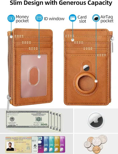 Vista 2 de Cartera delgada minimalista con bolsillo frontal, bloqueo RFID, tarjetero con ventana para identificación, 6 ranuras para tarjetas, cartera