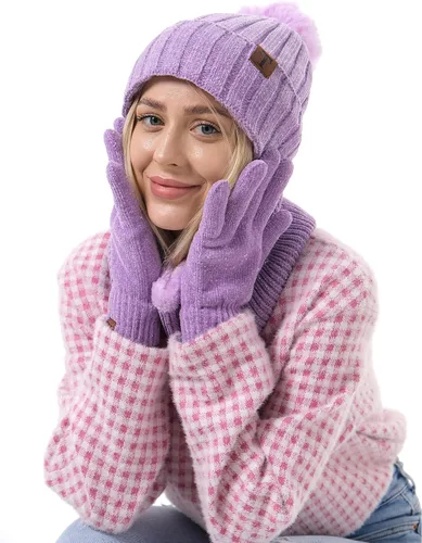 Vista 6 de Gorros de invierno para mujer, bufanda, calentador de cuello, guantes de pantalla táctil, con forro polar cálido, gorras de calavera de punto
