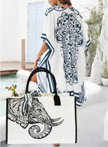 Vista 2 de Bolsas de lona grandes personalizadas, bolsas de playa reutilizables, regalos para mujeres, cumpleaños, con bolsillo interior, mandala