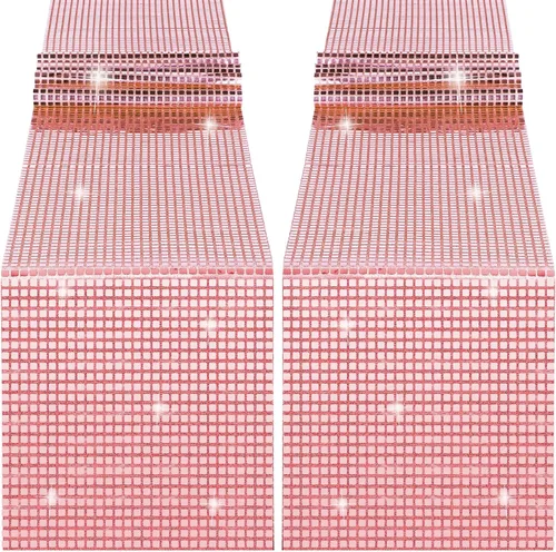 Vista 10 de Durony Paquete de 2 caminos de mesa disco de 11 x 108 pulgadas, espejo rosa intenso con laminado de purpurina y lentejuelas brillantes