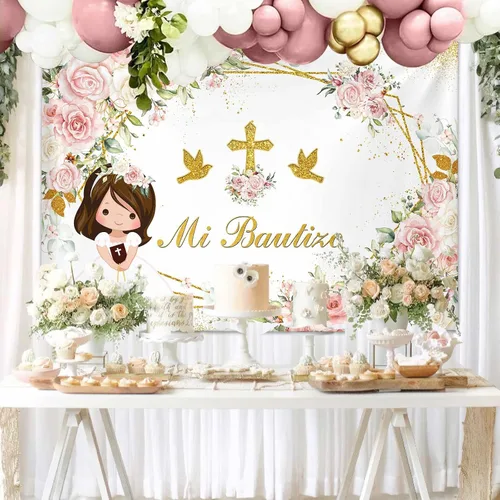 Vista 3 de MEHOFOND Mi Bautizo - Telón de fondo para niña, fondo de bautismo floral rosa con cruz dorada, fondo bohemio para bautizo de primera comunión, fondo