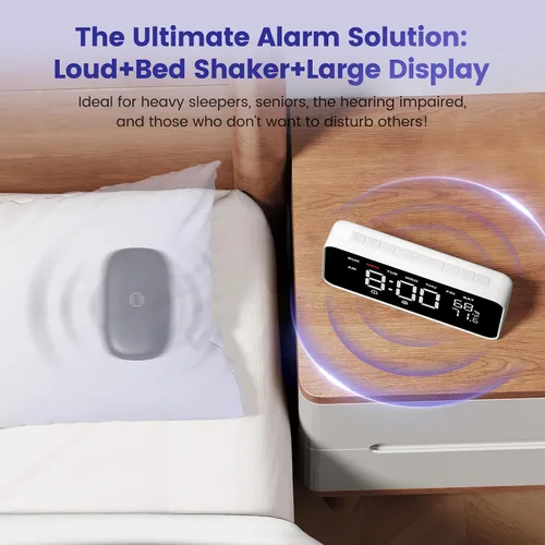 Vista 2 de Dekala Bed Shaker - Reloj despertador fuerte para adultos con sueño pesado, despertador doble vibrador para dormitorios, pantalla grande, regulador