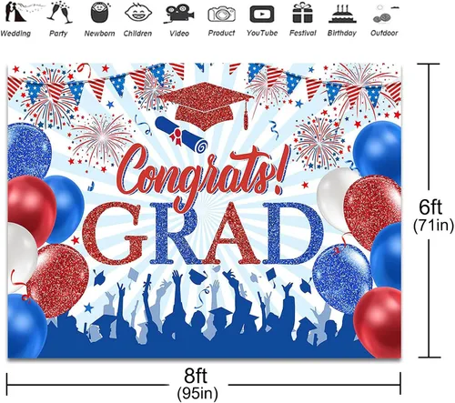 Vista 3 de Telón de fondo rojo y azul de felicitaciones graduadas de 8 x 6 pies para la clase de 2026, decoración de fiesta de graduación rojo, azul y blanco