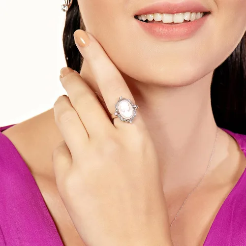 Vista 6 de Jewelili Anillo camafeo rosa en plata de ley con zafiro blanco redondo, Metal, Cameo