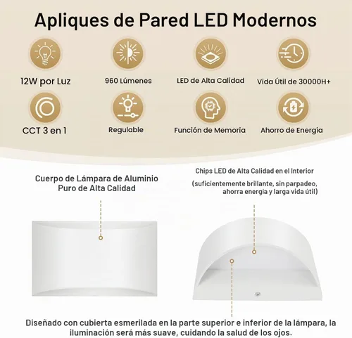 Vista 4 de TRLIFE Apliques de pared regulables, 3000K/4000K/6000K seleccionables, apliques de pared modernos de 12W LED de aluminio, juego de 2 luces de pared