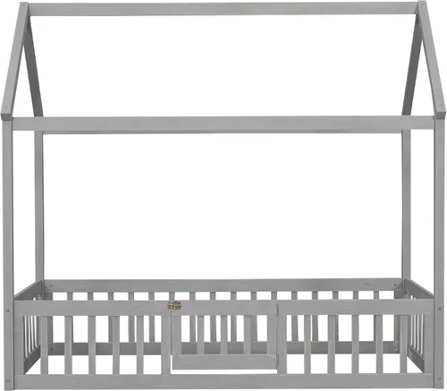 Vista 7 de Cama de casa individual para niños con barandillas de valla, marco de cama Montessori de madera tamaño individual con puerta pequeña para niños